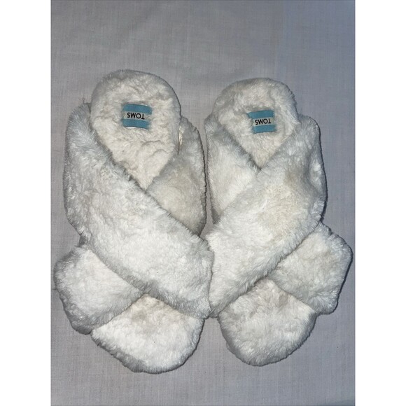 Toms Comfy Slippers Women's Size 11 M White Fleece Slip On Comfort Cross Strap - Picture 2 of 12